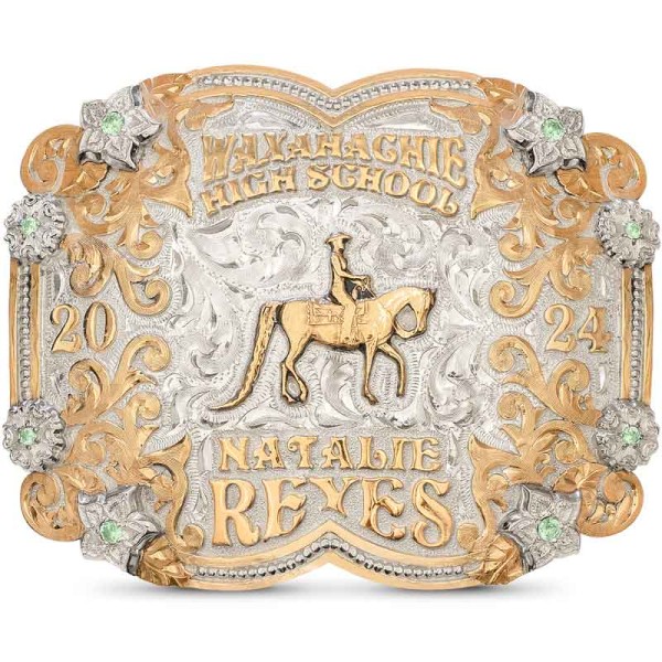 Elevate your graduation celebration with the Waxahachie Belt Buckle. Featuring a stunning German Silver base, this buckle boasts a Jeweler's Bronze edge with petite beads, accented by German Silver flowers and Jewelers Bronze lettering. Personalize it wit